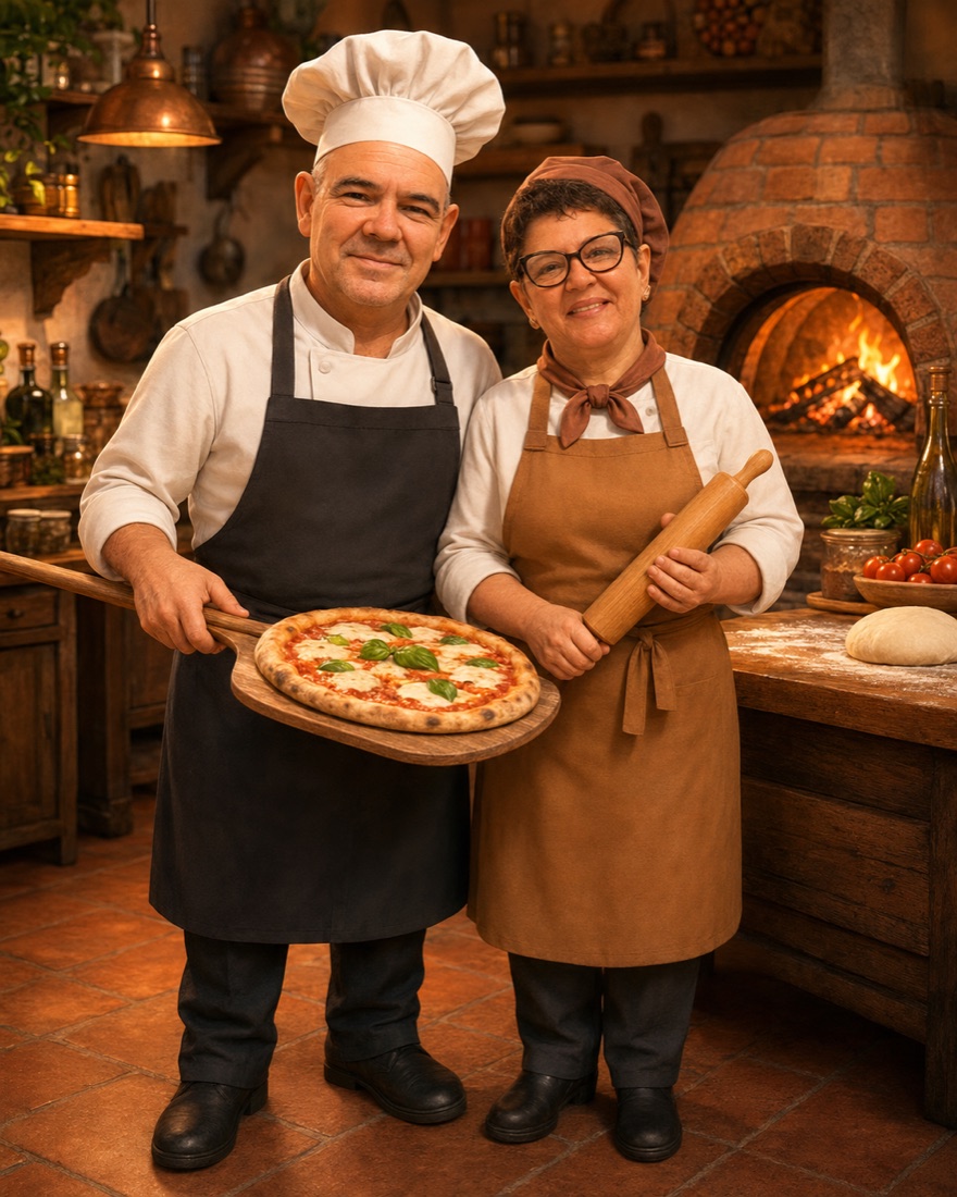 Ilustração do vô Luiz e da vó Marilda na cozinha da Danluthi